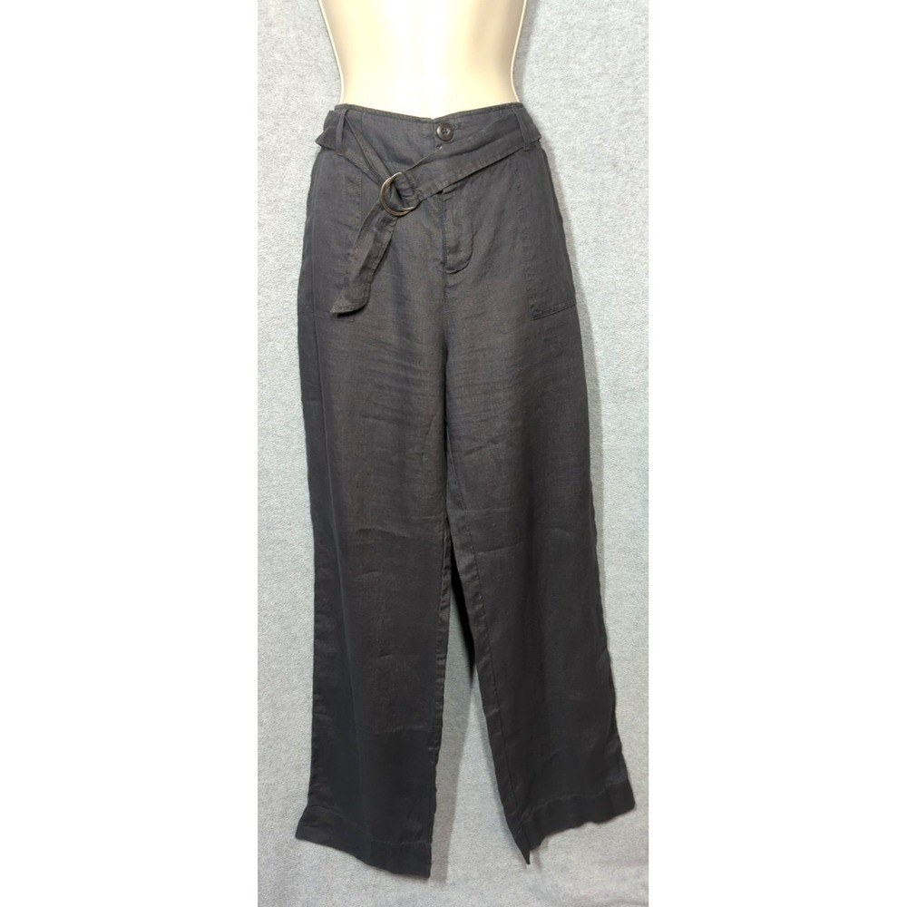100% Linen Wide Leg Trouser Pants Women 10 Gray Straight Leg Ankle Minimalist